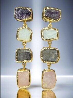 18k Gold Artisan Natural Raw Stone Amethyst Labradorite Amazonite Rose Earrings